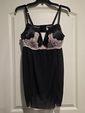 Cacique Black Chemise with Light Pink Lace Accents